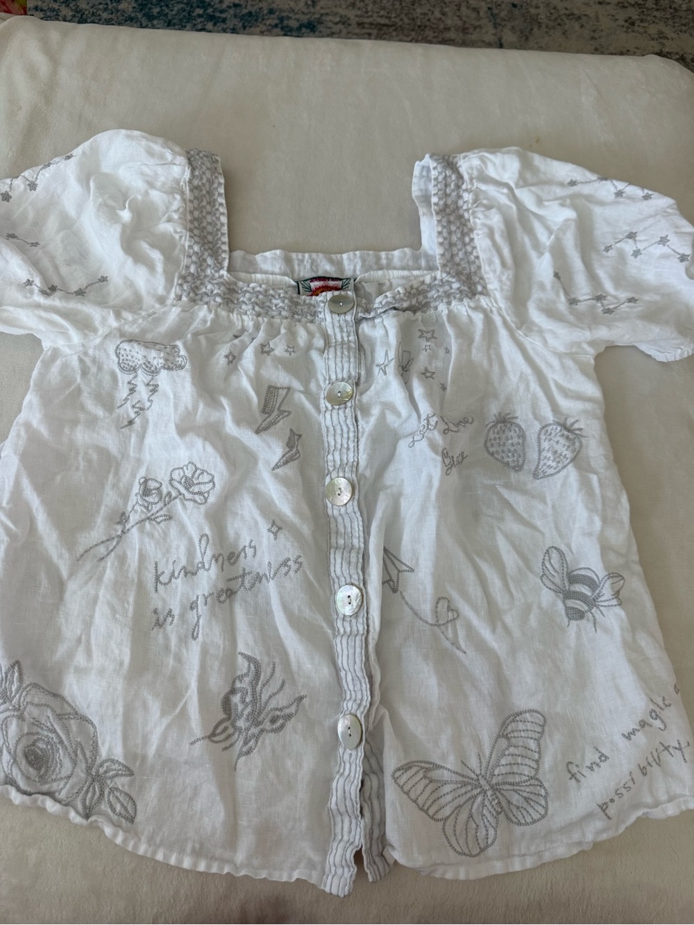 Johnny Was S/S Embroidered Square Neck Sovanna Wander Top White Gray L D79